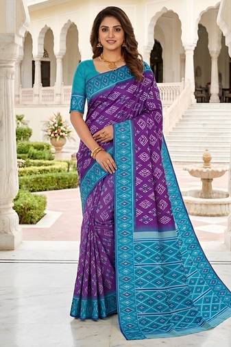Violet art silk ikkat and patola weaving concept saree with contrast blouse