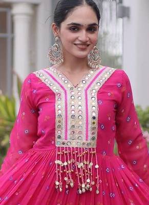 Pink green laheriya print with patchwork faux georgette anarkali gown 2