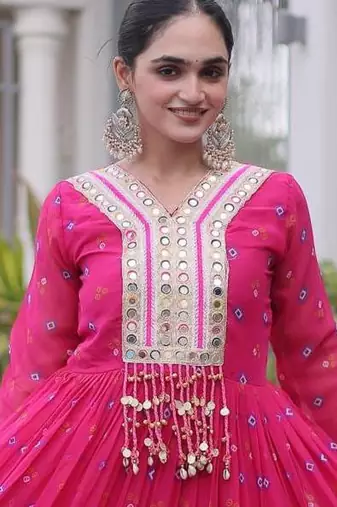 Pink green laheriya print with patchwork faux georgette anarkali gown