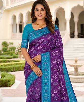 Violet art silk ikkat and patola weaving concept saree with contrast blouse 2