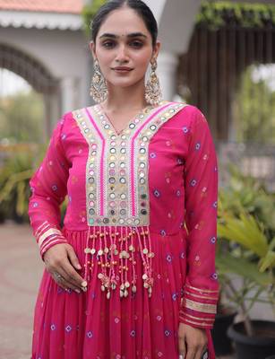 Pink green laheriya print with patchwork faux georgette anarkali gown 3