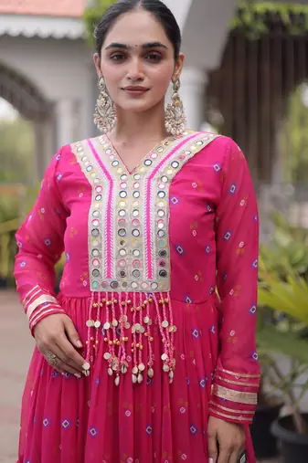 Pink green laheriya print with patchwork faux georgette anarkali gown