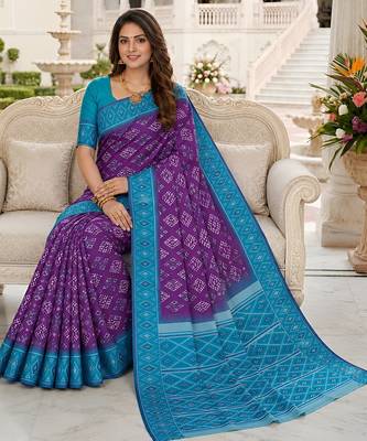 Violet art silk ikkat and patola weaving concept saree with contrast blouse 3