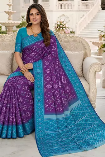 Violet art silk ikkat and patola weaving concept saree with contrast blouse