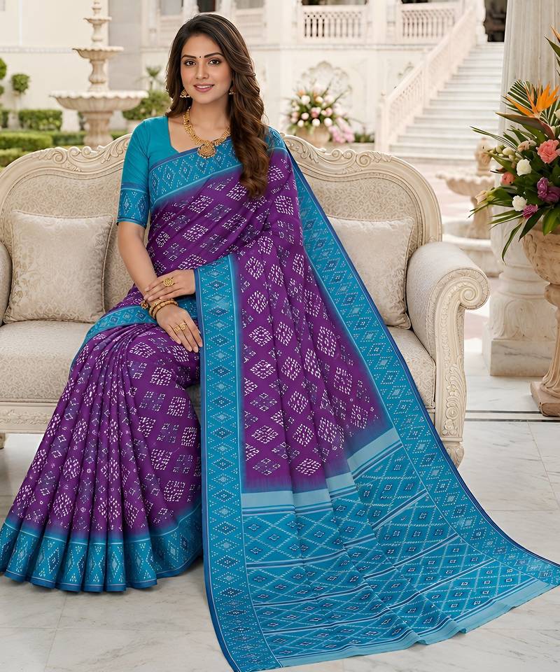 Violet art silk ikkat and patola weaving concept saree with contrast blouse