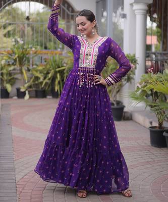 Purple green laheriya print with patchwork faux georgette anarkali gown 1