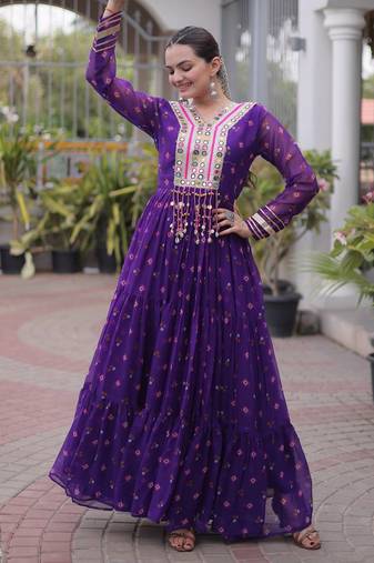 Purple green laheriya print with patchwork faux georgette anarkali gown