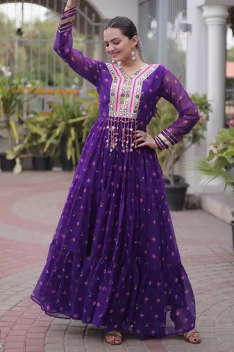 Purple green laheriya print with patchwork faux georgette anarkali gown