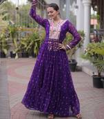 Purple green laheriya print with patchwork faux georgette anarkali gown