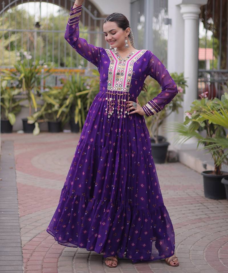 Purple green laheriya print with patchwork faux georgette anarkali gown