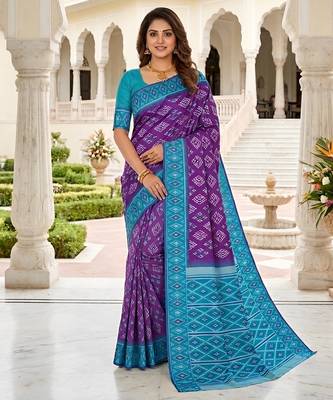 Violet art silk ikkat and patola weaving concept saree with contrast blouse 5