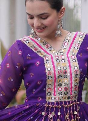 Purple green laheriya print with patchwork faux georgette anarkali gown 2