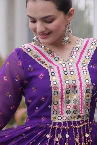 Purple green laheriya print with patchwork faux georgette anarkali gown