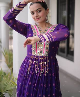 Purple green laheriya print with patchwork faux georgette anarkali gown 3