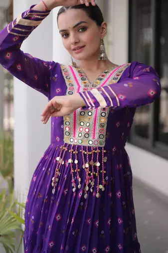 Purple green laheriya print with patchwork faux georgette anarkali gown