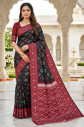 Black art silk ikkat and patola weaving concept saree & contrast blouse