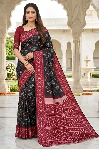Black art silk ikkat and patola weaving concept saree & contrast blouse