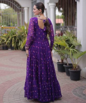 Purple green laheriya print with patchwork faux georgette anarkali gown 4
