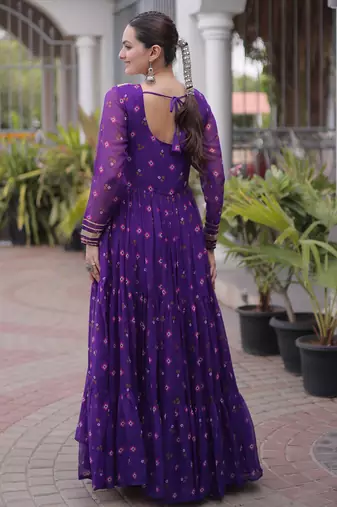 Purple green laheriya print with patchwork faux georgette anarkali gown