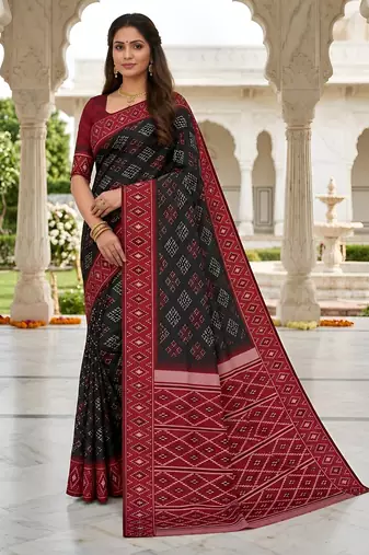Black art silk ikkat and patola weaving concept saree & contrast blouse