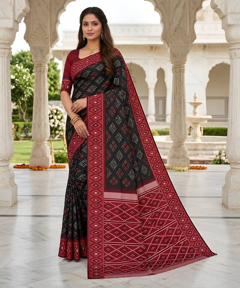Black art silk ikkat and patola weaving concept saree & contrast blouse