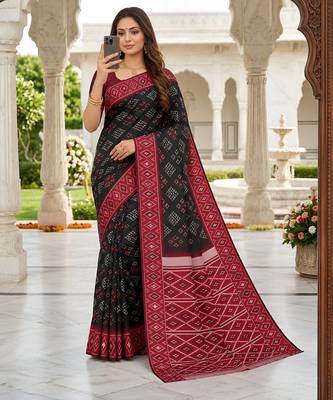 Black art silk ikkat and patola weaving concept saree & contrast blouse 3