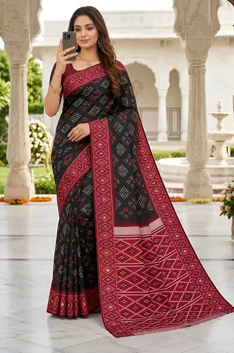 Black art silk ikkat and patola weaving concept saree & contrast blouse