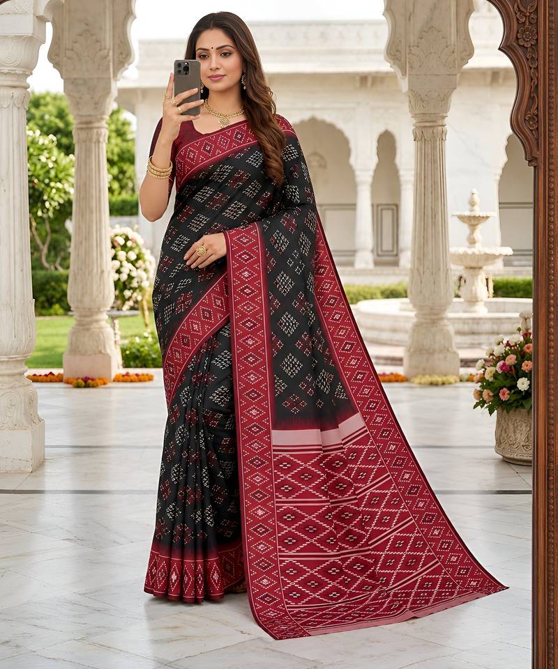 Black art silk ikkat and patola weaving concept saree & contrast blouse