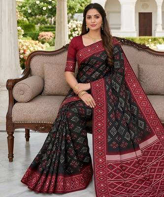 Black art silk ikkat and patola weaving concept saree & contrast blouse 4