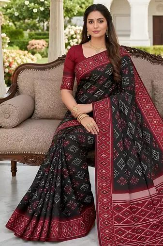 Black art silk ikkat and patola weaving concept saree & contrast blouse
