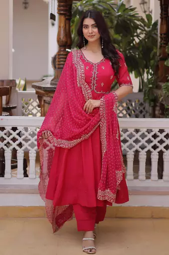 Pink beads thread embroidered mal chanderi anarkali gown set