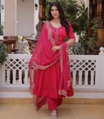 Pink beads thread embroidered mal chanderi anarkali gown set