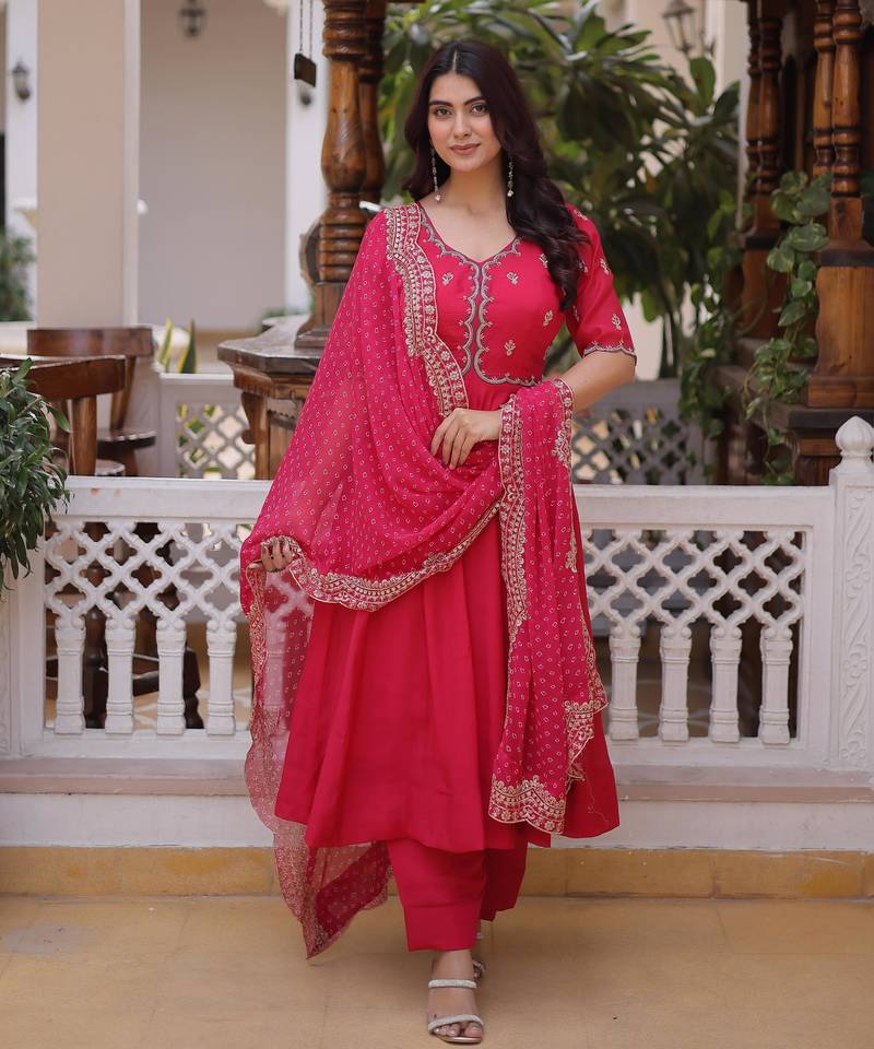 Pink beads thread embroidered mal chanderi anarkali gown set