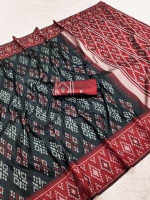 Black art silk ikkat and patola weaving concept saree & contrast blouse 5