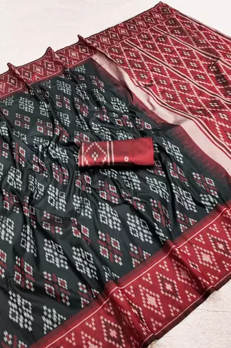 Black art silk ikkat and patola weaving concept saree & contrast blouse