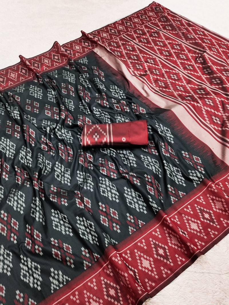 Black art silk ikkat and patola weaving concept saree & contrast blouse