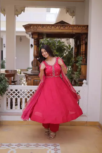 Pink beads thread embroidered mal chanderi anarkali gown set