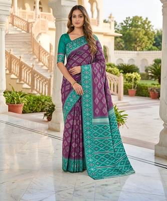 Wine art silk ikkat and patola weaving concept saree & contrast blouse 1