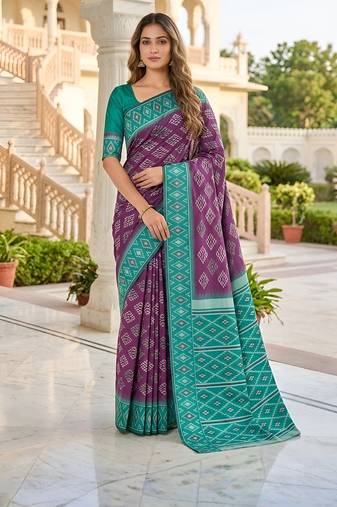 Wine art silk ikkat and patola weaving concept saree & contrast blouse