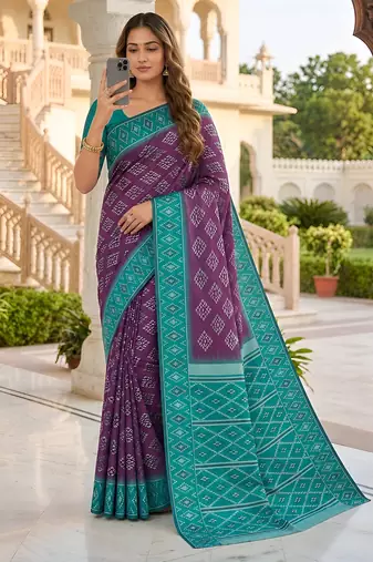Wine art silk ikkat and patola weaving concept saree & contrast blouse