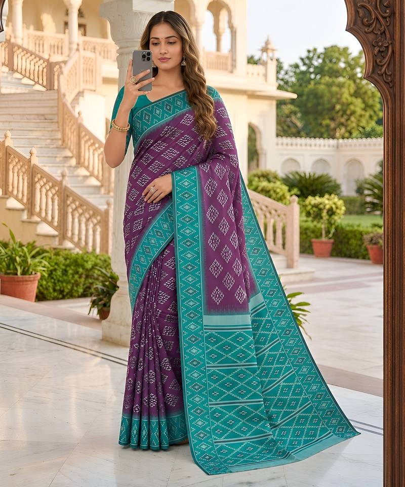 Wine art silk ikkat and patola weaving concept saree & contrast blouse