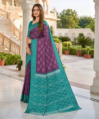 Wine art silk ikkat and patola weaving concept saree & contrast blouse 3