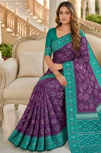 Wine art silk ikkat and patola weaving concept saree & contrast blouse