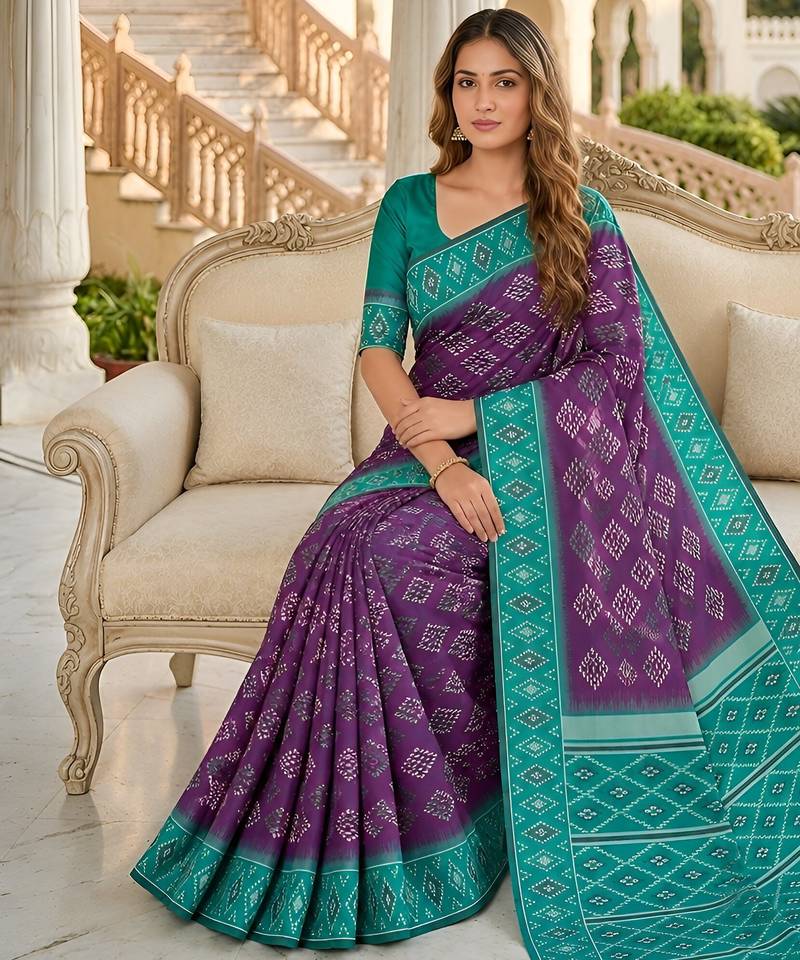 Wine art silk ikkat and patola weaving concept saree & contrast blouse