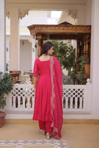 Pink beads thread embroidered mal chanderi anarkali gown set
