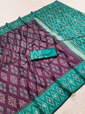 Wine art silk ikkat and patola weaving concept saree & contrast blouse 5