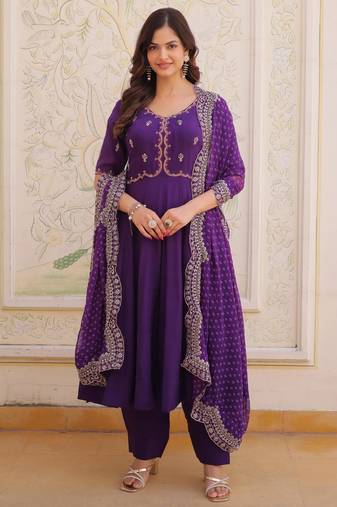 Purple beads thread embroidered mal chanderi anarkali gown set