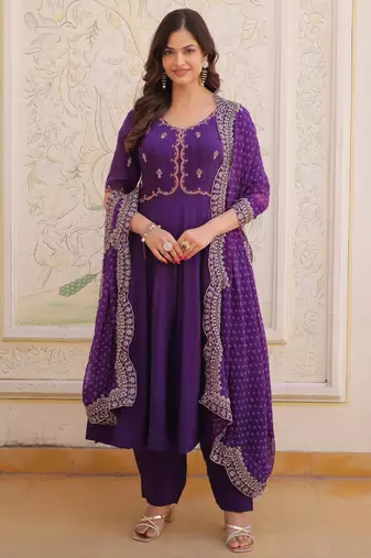 Purple beads thread embroidered mal chanderi anarkali gown set