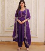 Purple beads thread embroidered mal chanderi anarkali gown set