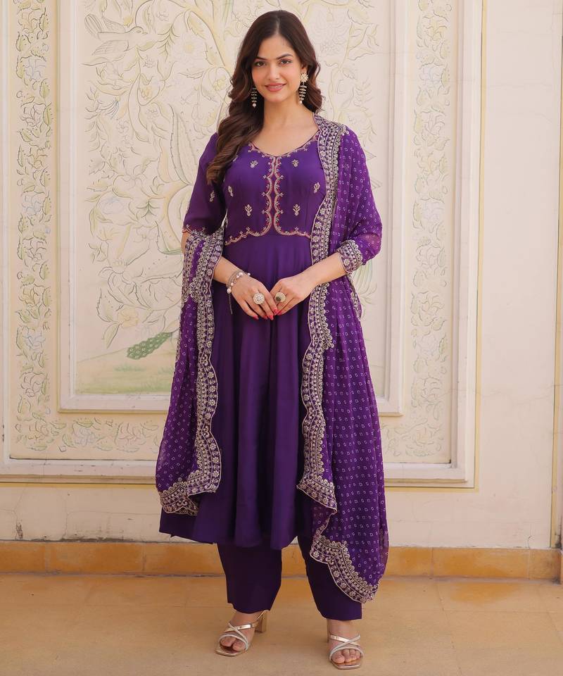 Purple beads thread embroidered mal chanderi anarkali gown set